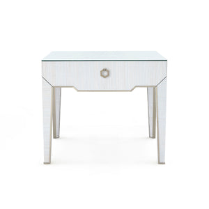 Madeline 1-Drawer Side Table with Glass Top, Platinum Shimmer