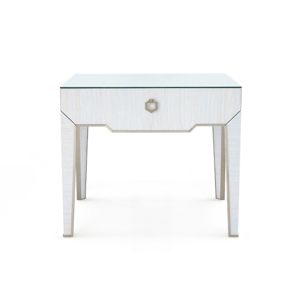 Madeline 1-Drawer Side Table with Glass Top, Platinum Shimmer