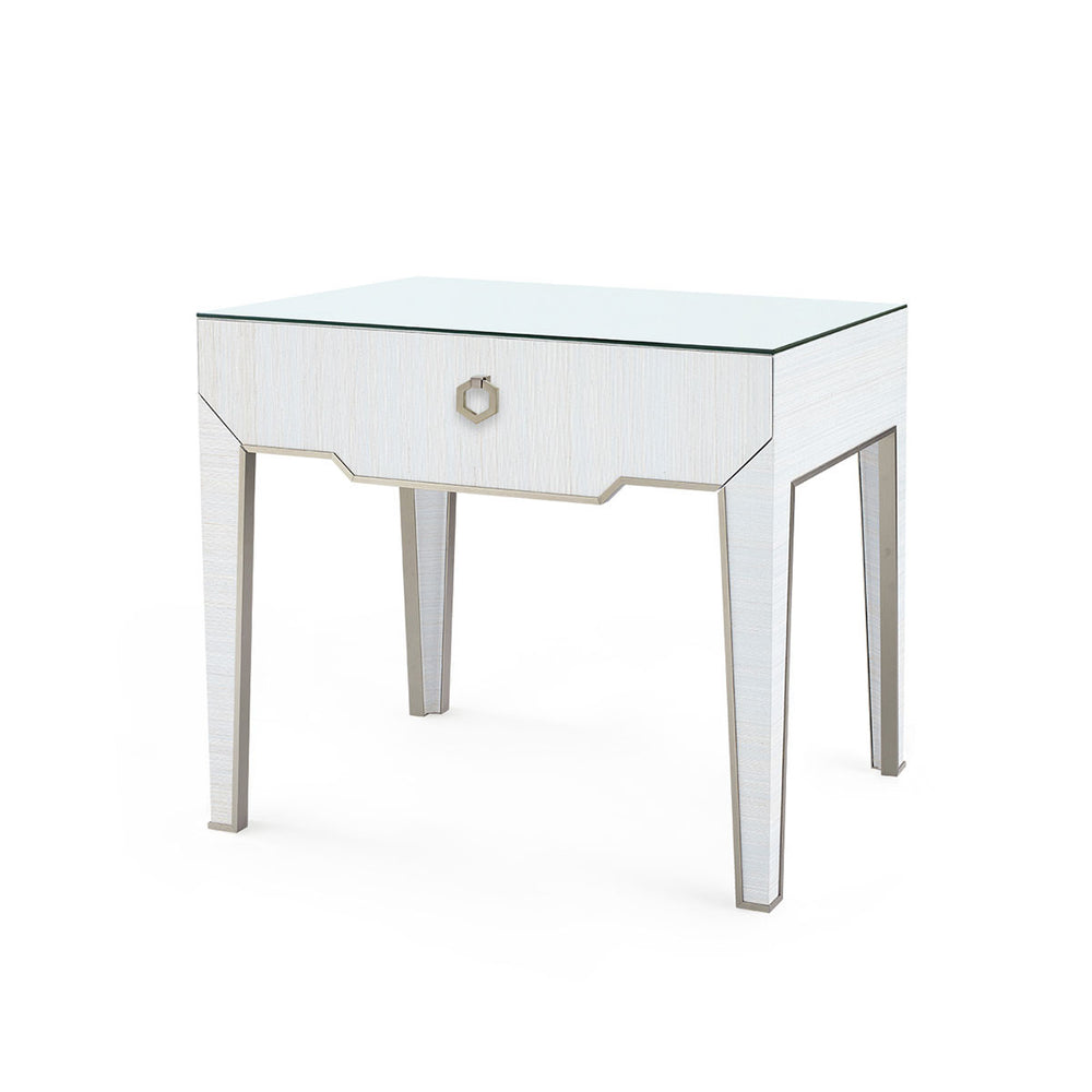 Madeline 1-Drawer Side Table with Glass Top, Platinum Shimmer-Blue Hand Home