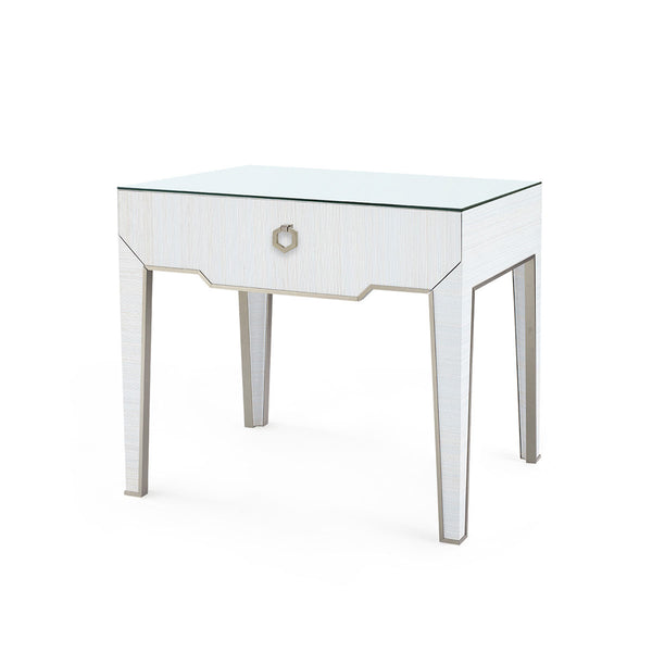 Madeline 1-Drawer Side Table with Glass Top, Platinum Shimmer