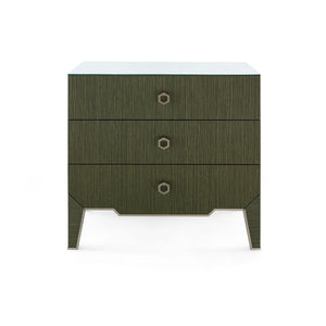 Madeline 3-Drawer Side Table with Glass Top, Deep Olive