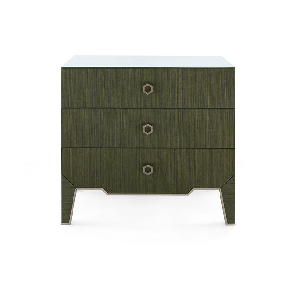 Madeline 3-Drawer Side Table with Glass Top, Deep Olive