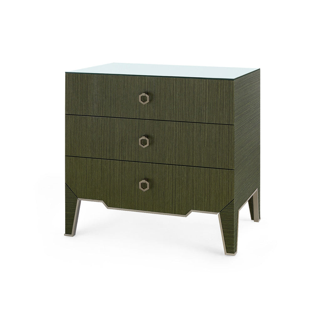 Madeline 3-Drawer Side Table with Glass Top, Deep Olive-Blue Hand Home