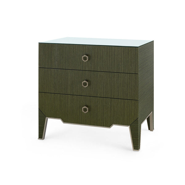 Madeline 3-Drawer Side Table with Glass Top, Deep Olive