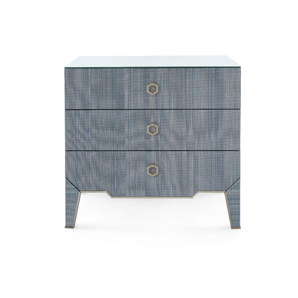 Madeline 3-Drawer Side Table with Glass Top, Colonial Blue