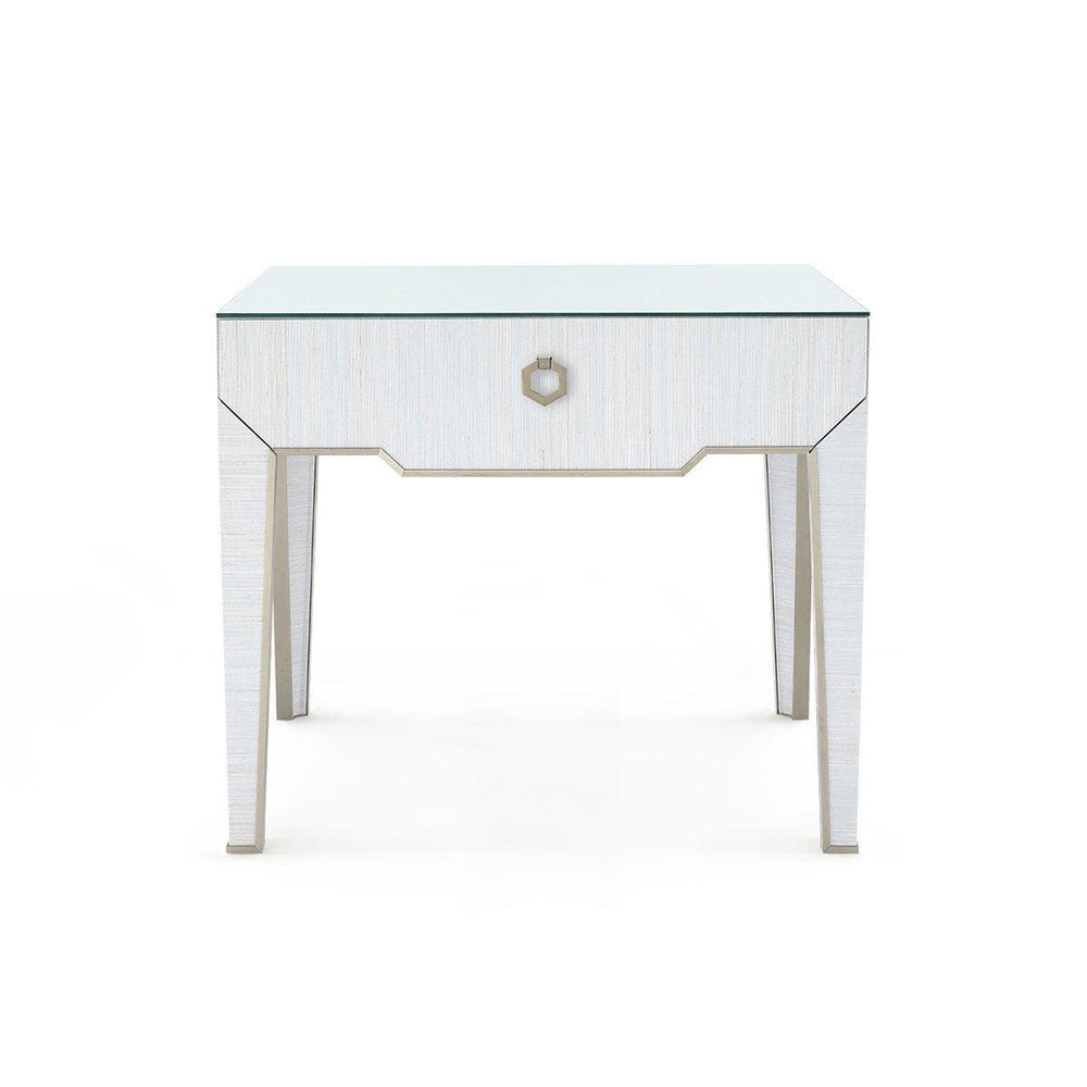 Madeline 1-Drawer Side Table with Glass Top, Platinum Shimmer-Blue Hand Home