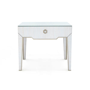 Madeline 1-Drawer Side Table with Glass Top, Platinum Shimmer-Blue Hand Home