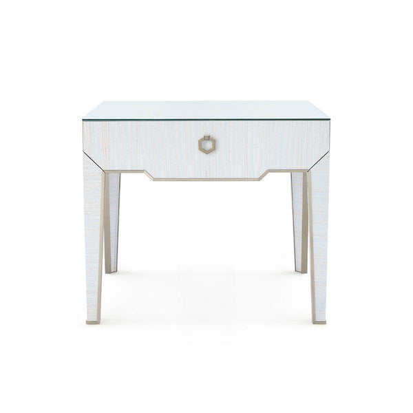 Madeline 1-Drawer Side Table with Glass Top, Platinum Shimmer-Blue Hand Home