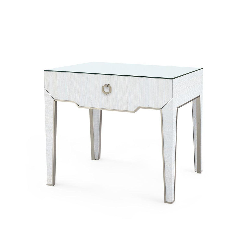 Madeline 1-Drawer Side Table with Glass Top, Platinum Shimmer-Blue Hand Home