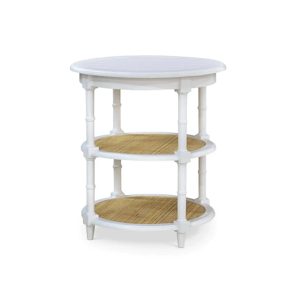 Bramble Martinique Round Side Table Intrue White W/ Rattan Natural On Shelves-Bramble-Blue Hand Home