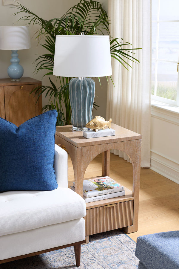 Malibu Lamp with Shade 17-inch White Linen, with Nickel, Polar Mist