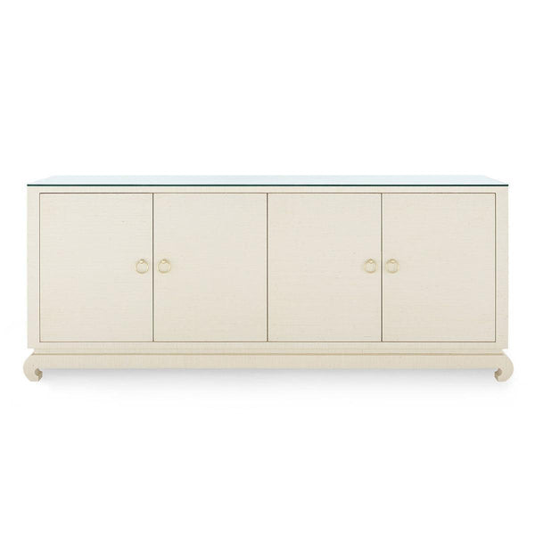 Meredith Extra Large 4-Door Cabinet with Glass Top, Canvas Cream-Blue Hand Home