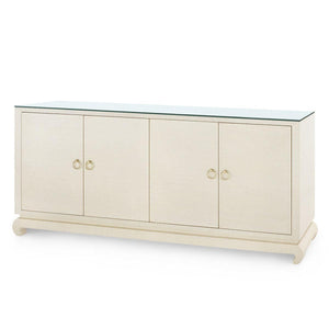 Meredith Extra Large 4-Door Cabinet with Glass Top, Canvas Cream-Blue Hand Home
