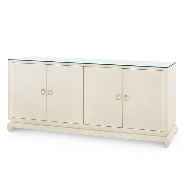 Meredith Extra Large 4-Door Cabinet with Glass Top, Canvas Cream-Blue Hand Home