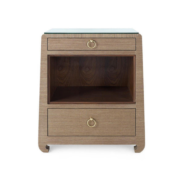 Ming 2-Drawer Side Table with Glass Top, Flax Brown-Blue Hand Home