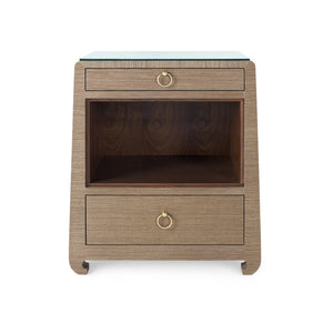 Ming 2-Drawer Side Table with Glass Top, Flax Brown