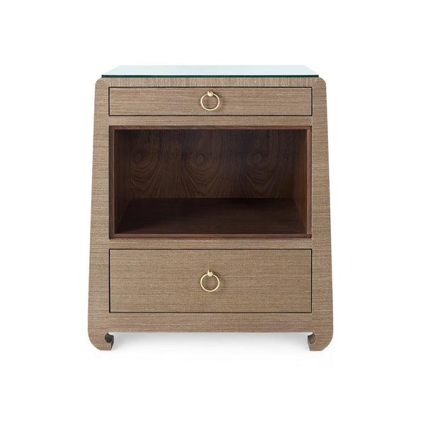 Ming 2-Drawer Side Table with Glass Top, Flax Brown