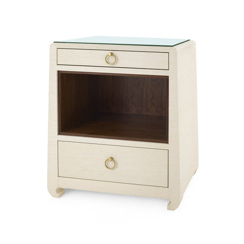Ming 2-Drawer Side Table with Glass Top, Flax Brown