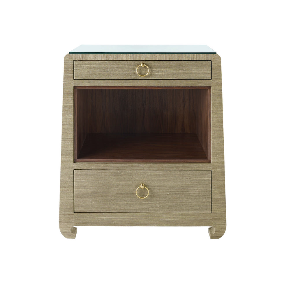 Ming 2-Drawer Side Table with Glass Top, Sage Green-Blue Hand Home