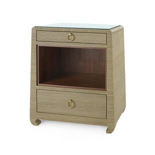 Ming 2-Drawer Side Table with Glass Top, Flax Brown