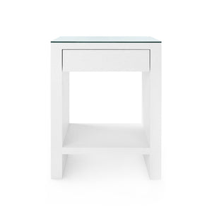 Morgan Grasscloth 1-Drawer Side Table with Glass Top, Chiffon White