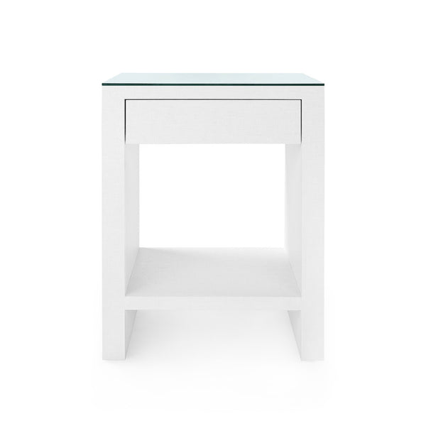 Morgan Grasscloth 1-Drawer Side Table with Glass Top, Chiffon White