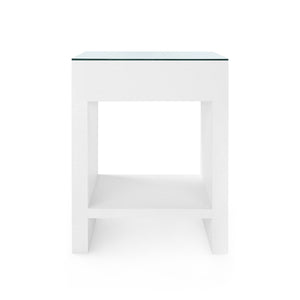 Morgan Grasscloth 1-Drawer Side Table with Glass Top, Chiffon White
