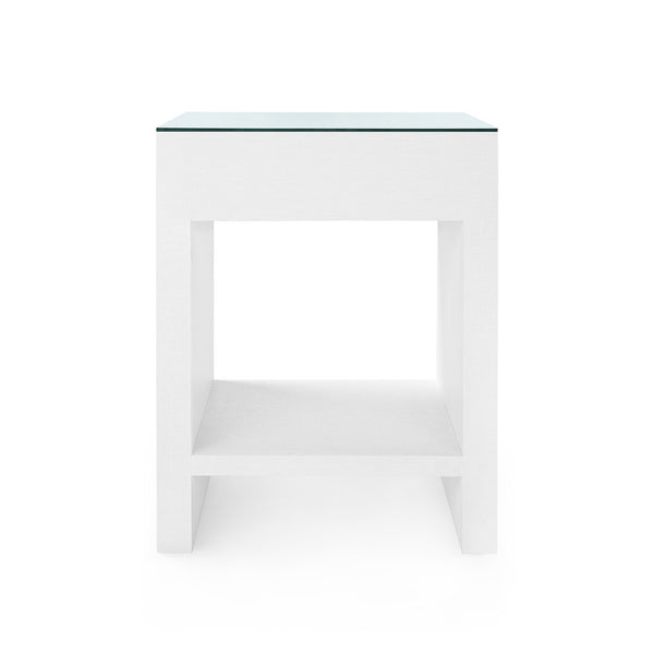 Morgan Grasscloth 1-Drawer Side Table with Glass Top, Chiffon White