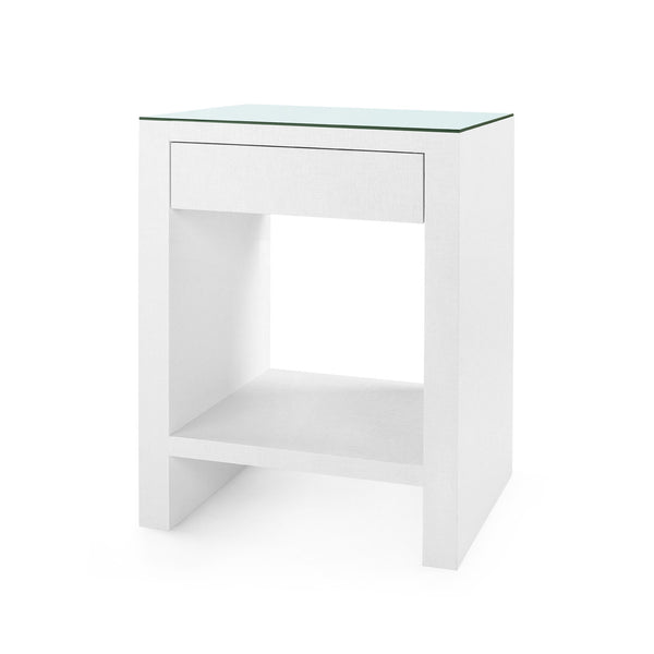 Morgan Grasscloth 1-Drawer Side Table with Glass Top, Chiffon White