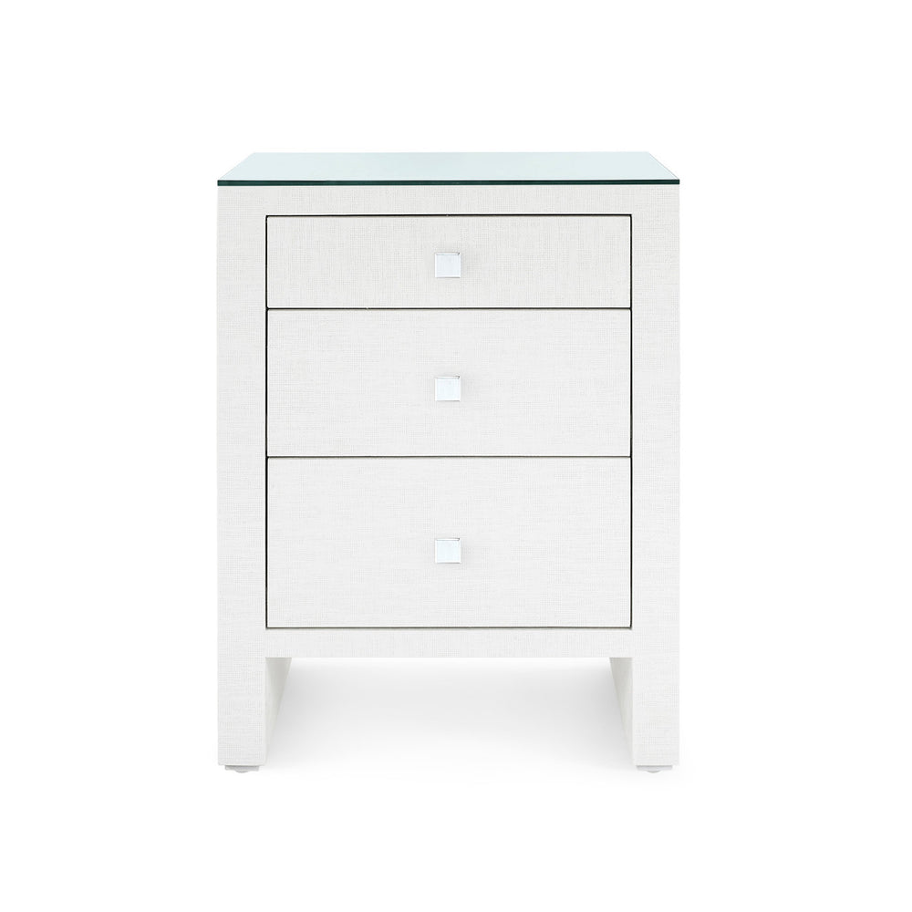 Morgan Grasscloth 3-Drawer Side Table with Glass Top, Chiffon White-Blue Hand Home