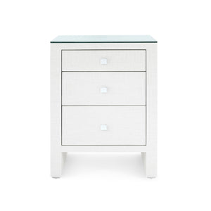 Morgan Grasscloth 3-Drawer Side Table with Glass Top, Chiffon White