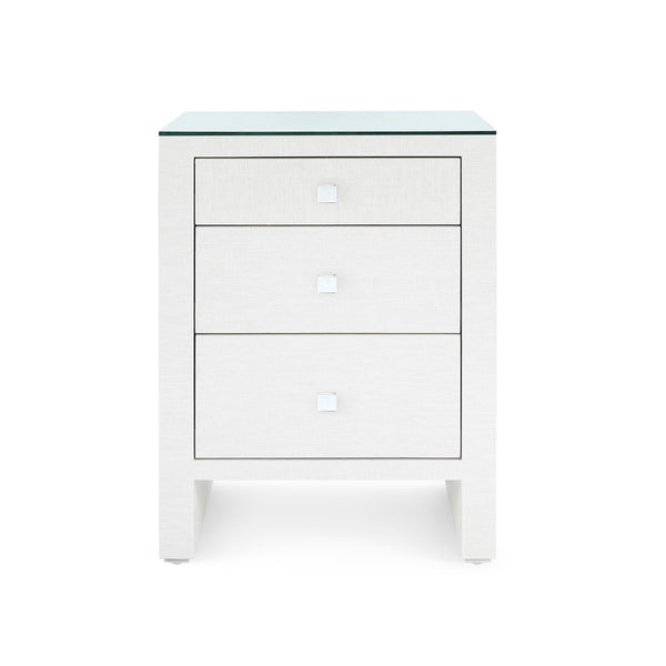 Morgan Grasscloth 3-Drawer Side Table with Glass Top, Chiffon White