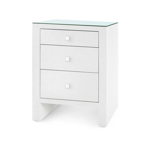 Morgan Grasscloth 3-Drawer Side Table with Glass Top, Chiffon White