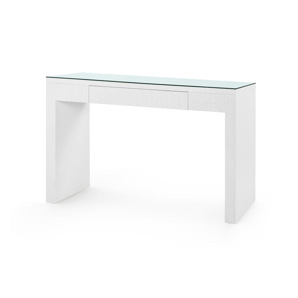 Morgan Grasscloth Console Table with Glass Top, Chiffon White-Blue Hand Home