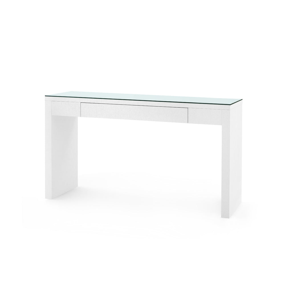 Morgan Large Grasscloth Console Table with Glass Top, Chiffon White-Blue Hand Home