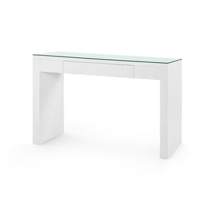 Morgan Grasscloth Console Table with Glass Top, Chiffon White-Blue Hand Home