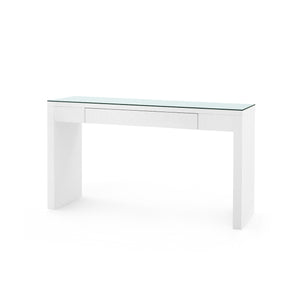 Morgan Large Grasscloth Console Table with Glass Top, Chiffon White-Blue Hand Home