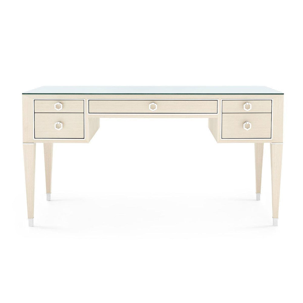 Morris Desk with Glass Top, Blanched Oak and Nickel-Blue Hand Home
