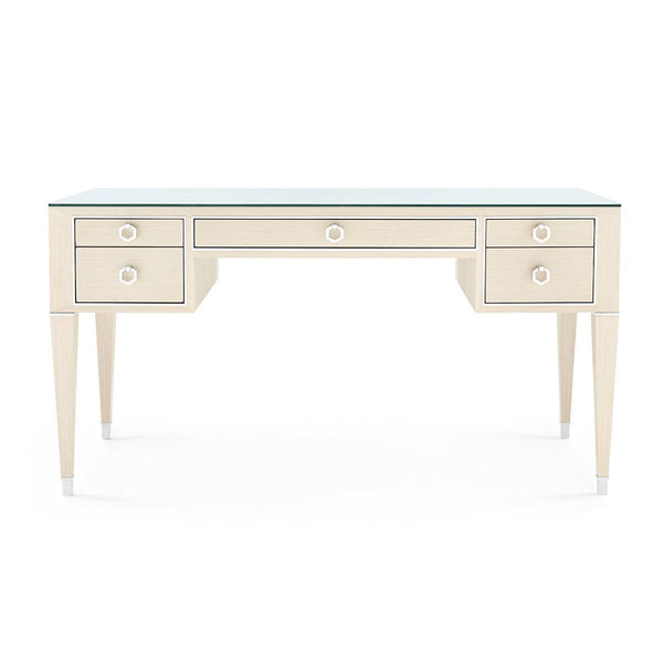 Morris Desk with Glass Top, Blanched Oak and Nickel-Blue Hand Home