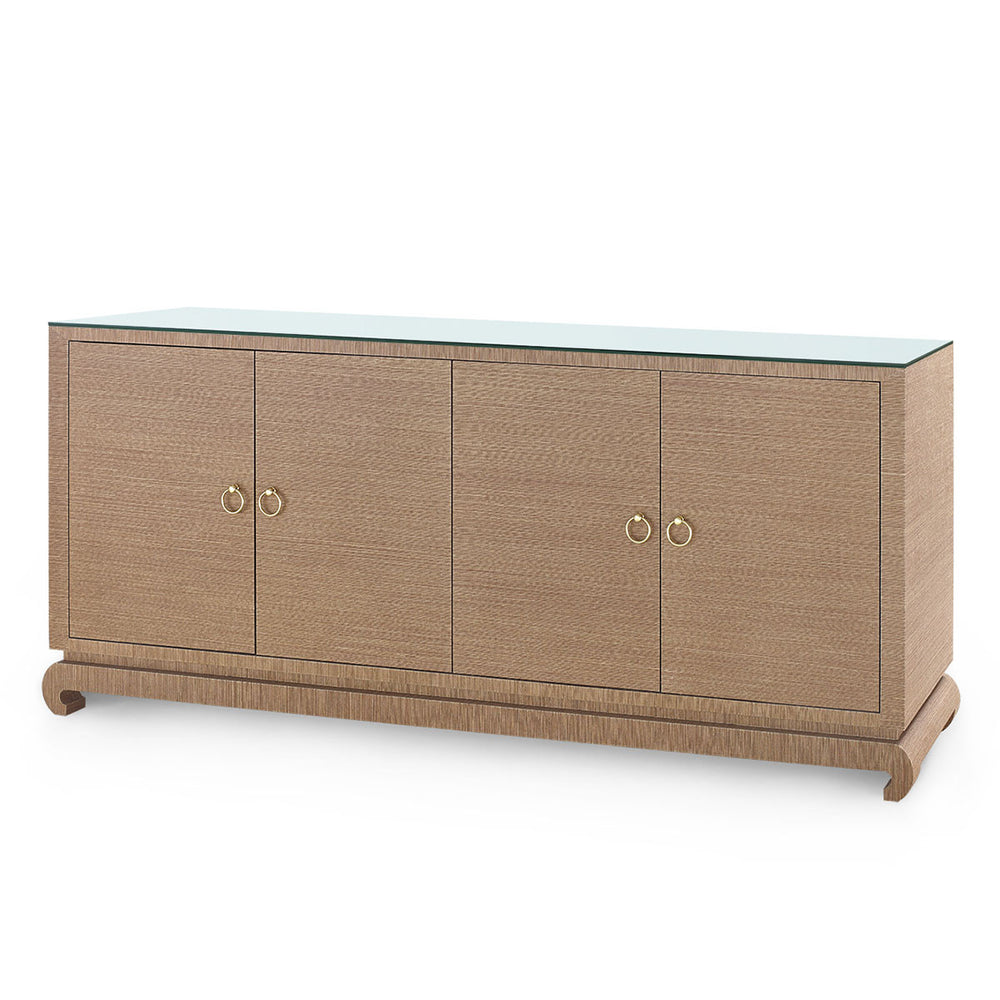 Meredith Extra Large 4-Door Cabinet with Glass Top, Flax Brown-Blue Hand Home