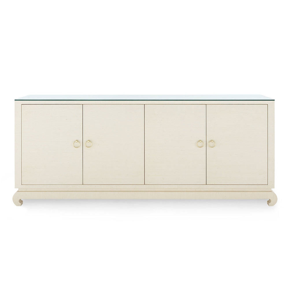 Meredith Extra Large 4-Door Cabinet with Glass Top, Canvas Cream-Blue Hand Home