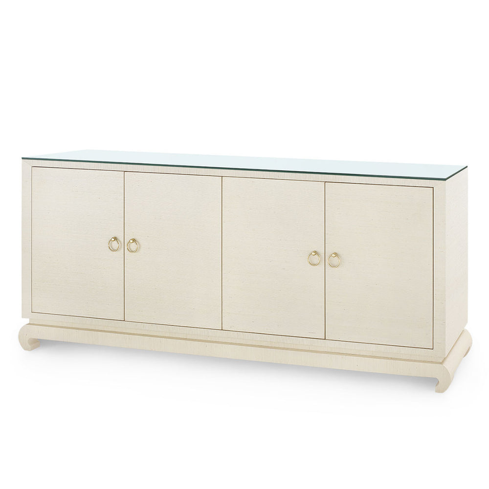 Meredith Extra Large 4-Door Cabinet with Glass Top, Canvas Cream-Blue Hand Home