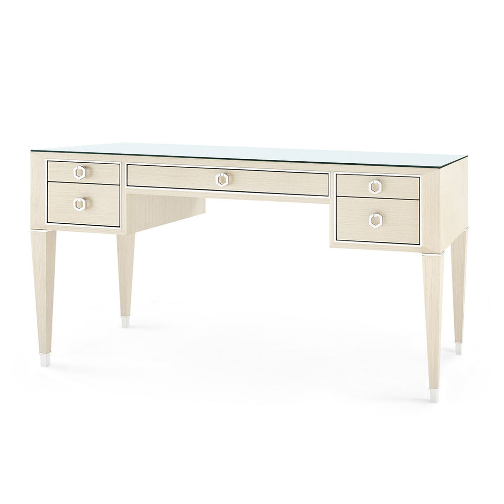 Morris Desk with Glass Top, Blanched Oak and Nickel-Blue Hand Home