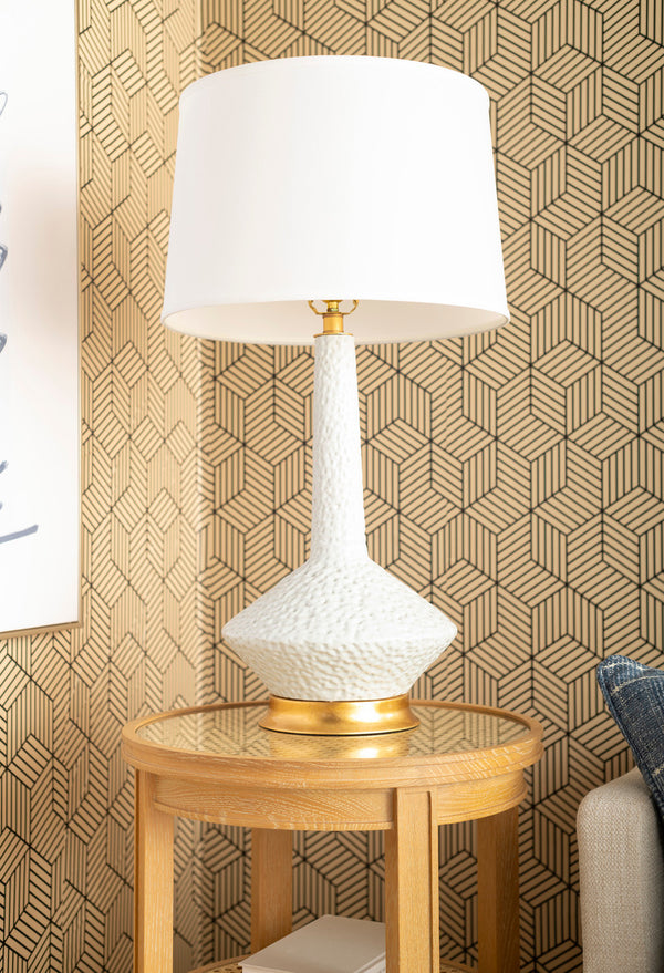 Oporto Medium Lamp with Shade 16-inch White Linen, with Gold, Moon White