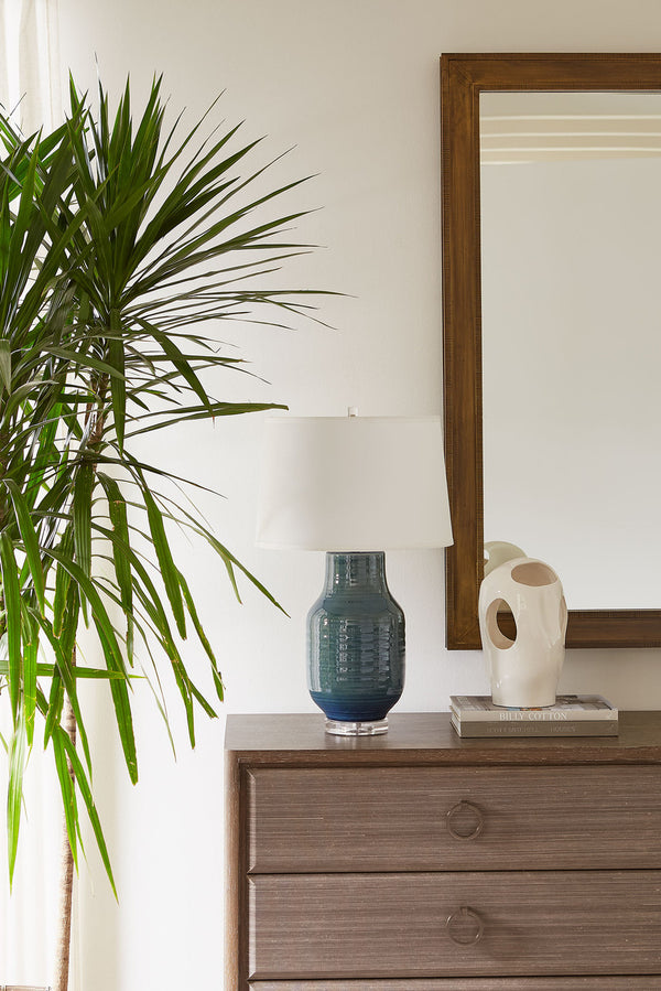 Positano Lamp with Shade 17-inch White Linen, with Nickel, Azure Mist