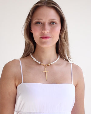 Elongated Cross Pearl Necklace
