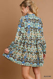 Ruffle Tiered Print Smocked Detail Dress-Blue Hand Home