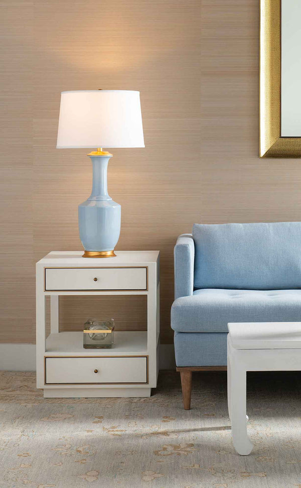 Safira Lamp with Shade 17-inch White Linen, with Gold, Sky Blue