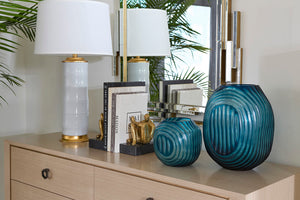Saigon Lamp with Shade 17-inch White Linen, with Gold, Cool White