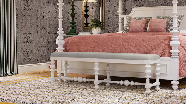 Savannah Large Bench In True White W/ Natural Performance Fabric-Blue Hand Home